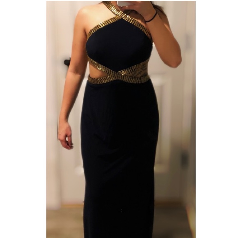 Navy prom dress with gold detail.